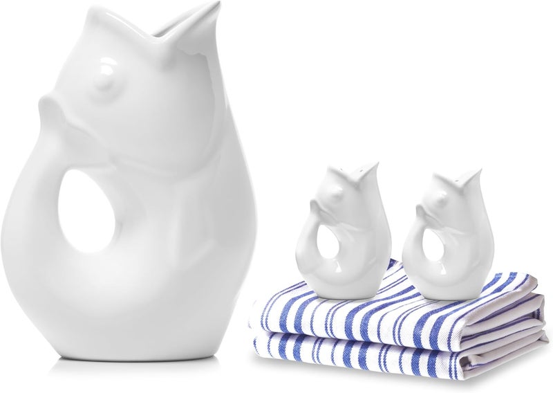 Gurgle Pot Fish Pitcher Combo Gift Set, Large 42oz Pitcher, Matching Salt & Pepper Shakers with Kitchen Towels. Decorative Pitcher That “Gurgles” When You Pour (Blue Stripes Towels) - Image 1